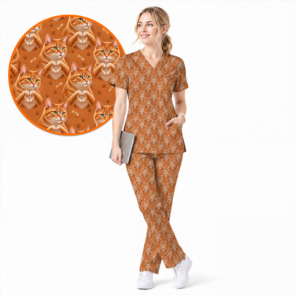 Orange Tabby Cat Love Nurse Scrub Top, Cute Cat Pattern Scrubs For Nurses, Breathable Fabrics Nursing Uniform