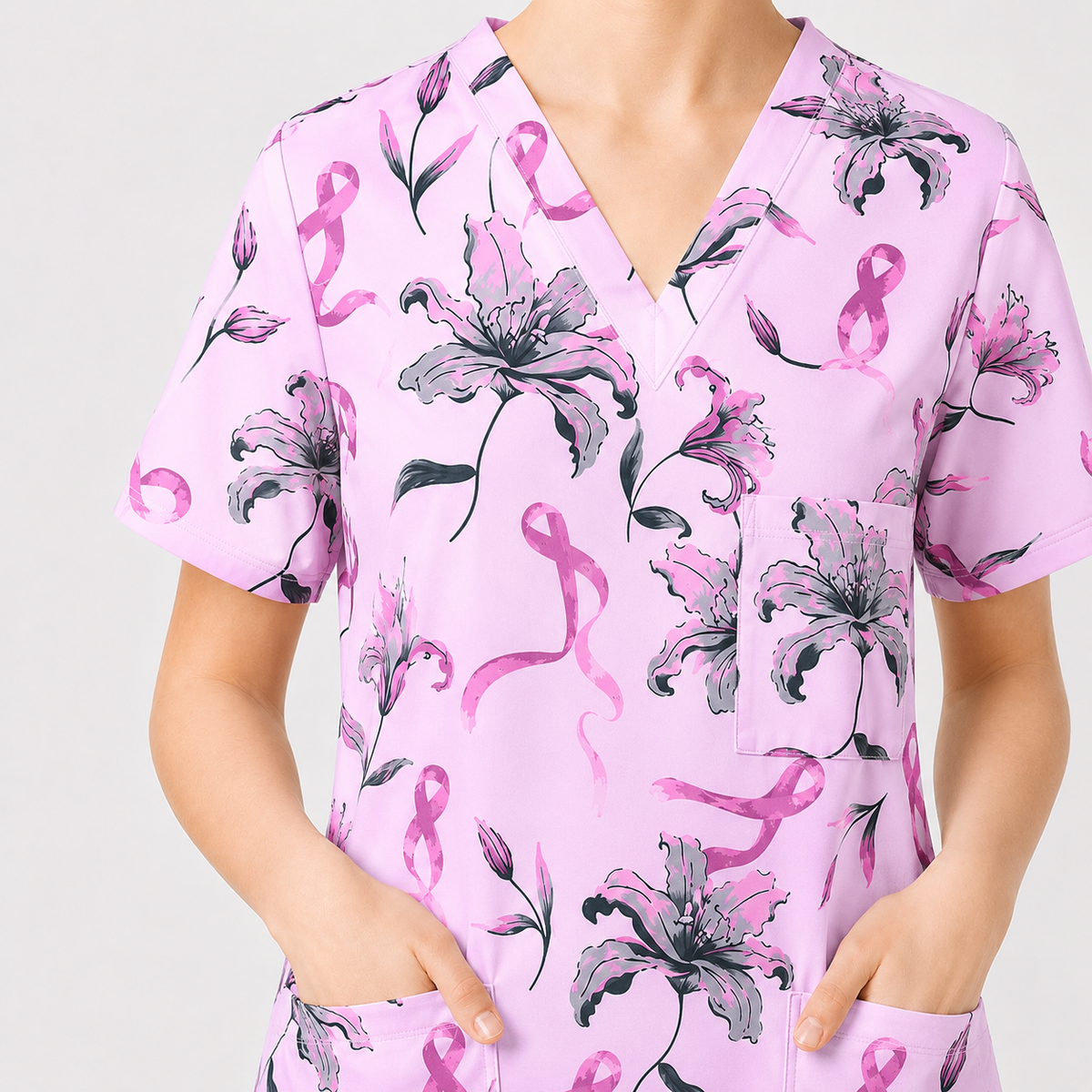 Breast Cancer Awareness Scrub Top for Women, Pink Ribbon Lily Floral Nursing Uniform, Support Breast Cancer Warrior Gift