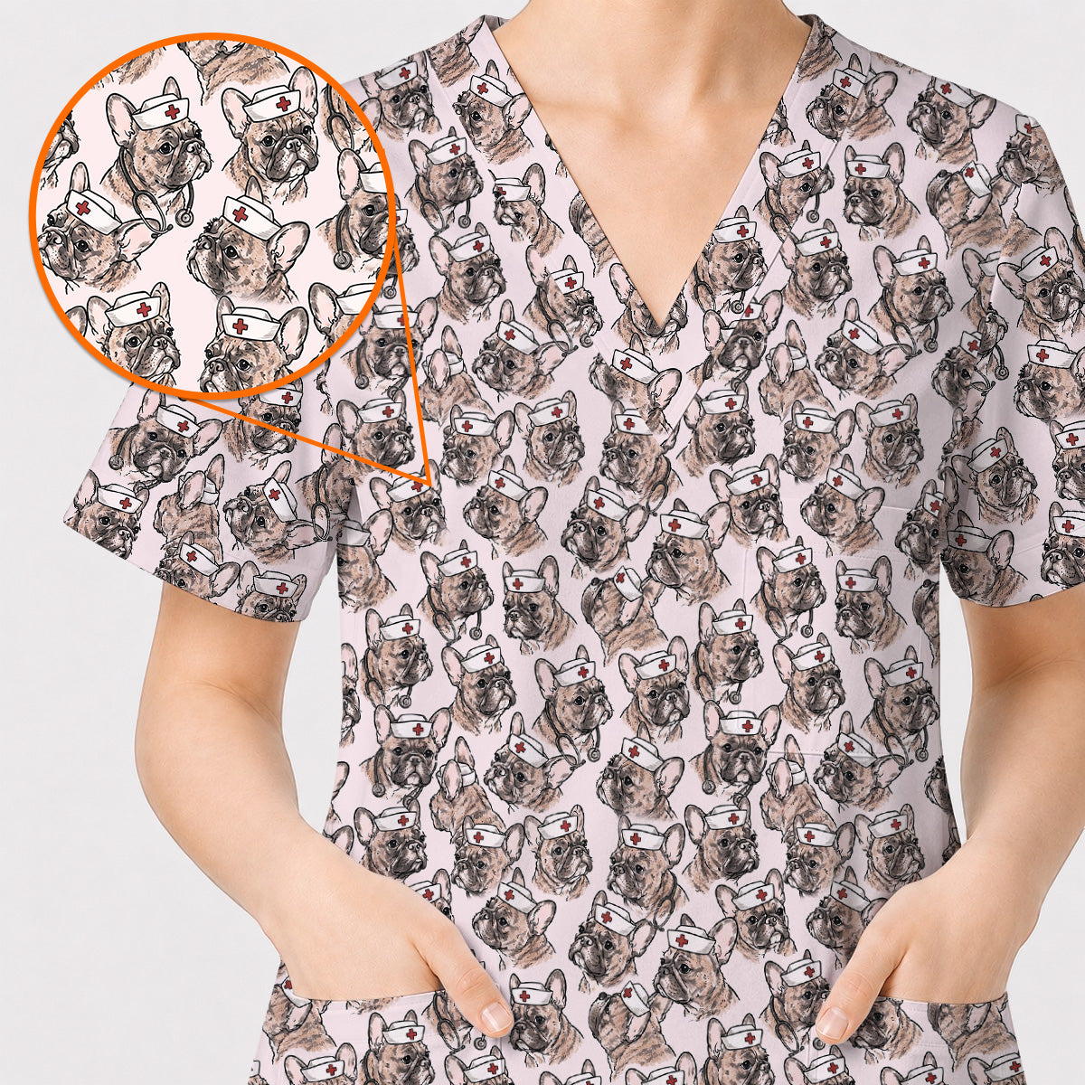 French Bulldog Nurse Scrub Top, Vintage Frenchie Medical Pattern Scrubs for Nurses, Cute Dog Lover Healthcare Gift