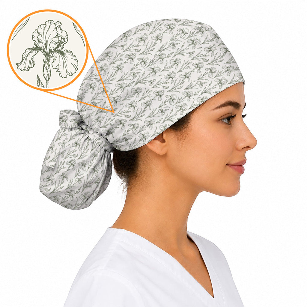 Iris Floral Scrub Caps, Botanical Iris Print Scrubs, Vintage Flower Nurse Cap
