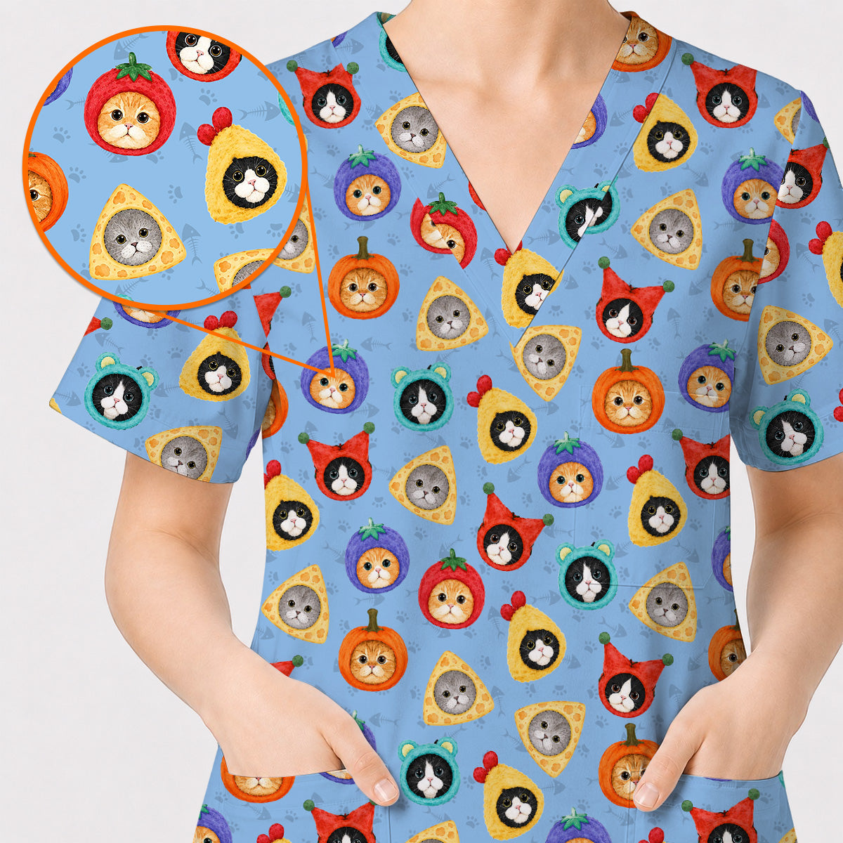 Funny Cat Pattern Scrub Top, Cute Kitty Nursing Uniform for Cat Lovers, Comfortable Medical Scrubs for Nurses