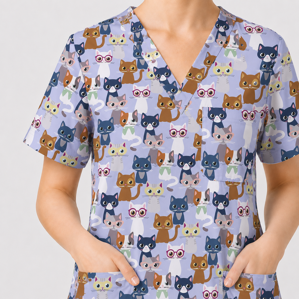 Curious Cat Scrub Top, Cute Cats Scrub Top for Women, Breathable Fabrics Nursing Uniform