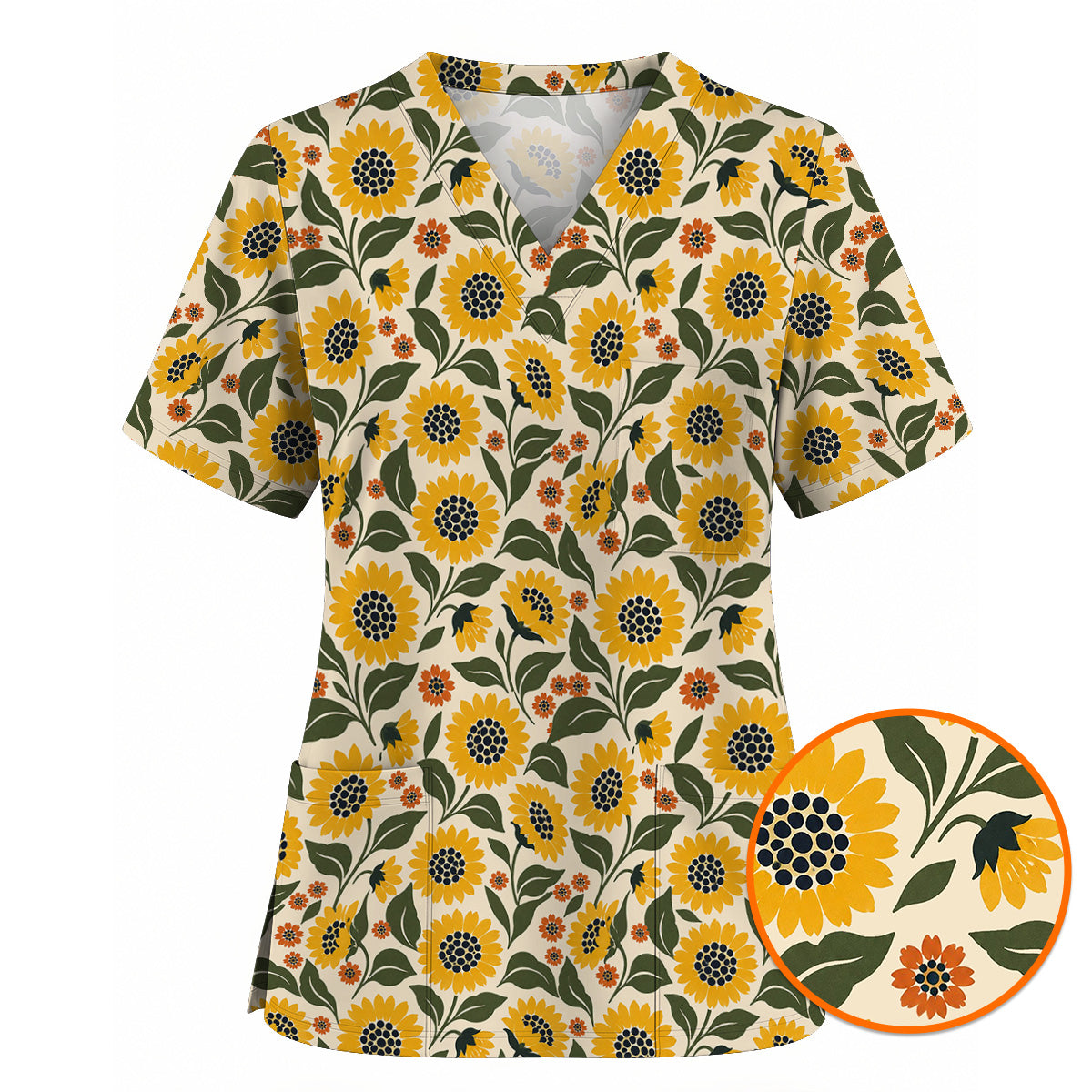 Retro Sunflower Scrub Top, Vintage Sunflower Floral Nurse Scrubs Uniform, Cheerful Flower Gift For Nurses