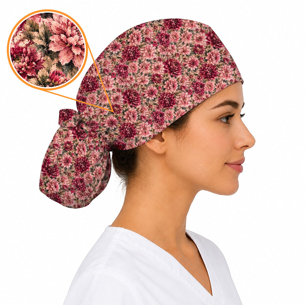 Dahlia Floral Scrub Caps, Vintage Dahlia Flower Print Scrubs, Botanical Nurse Cap