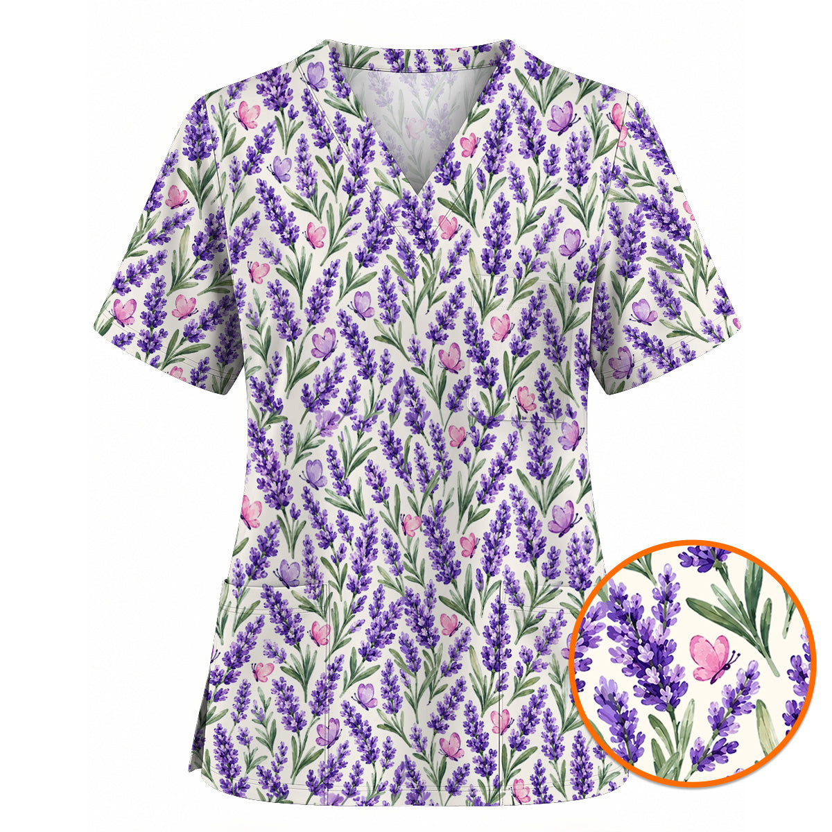 Charming Lavender Scrub Top, Purple Lavender Butterfly Nurse Scrubs Uniform, Botanical Floral Gift For Nurses