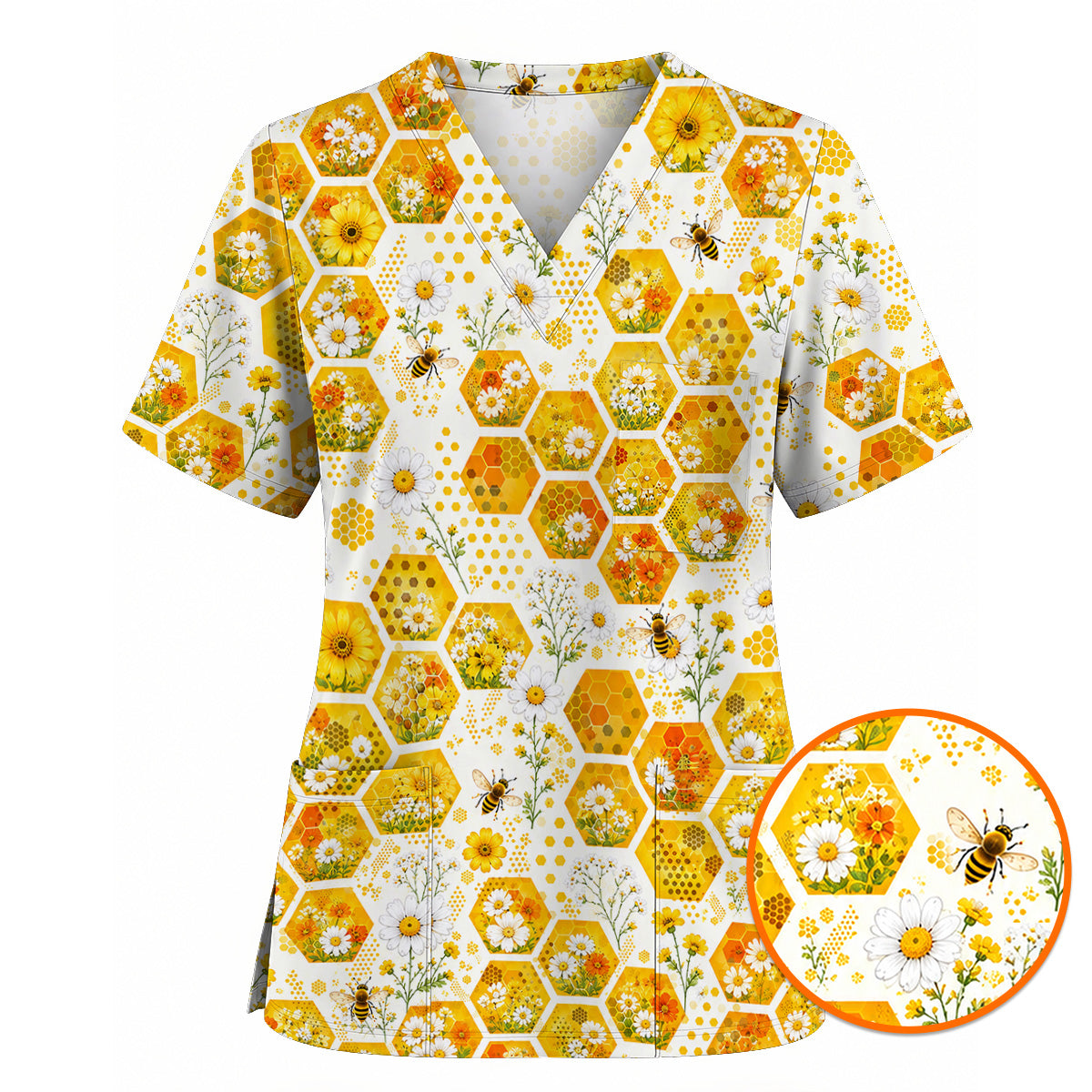 Honey Bee Daisy Scrub Top, Honeycomb Floral Nurse Shirt, Cute Bee Healthcare Uniform