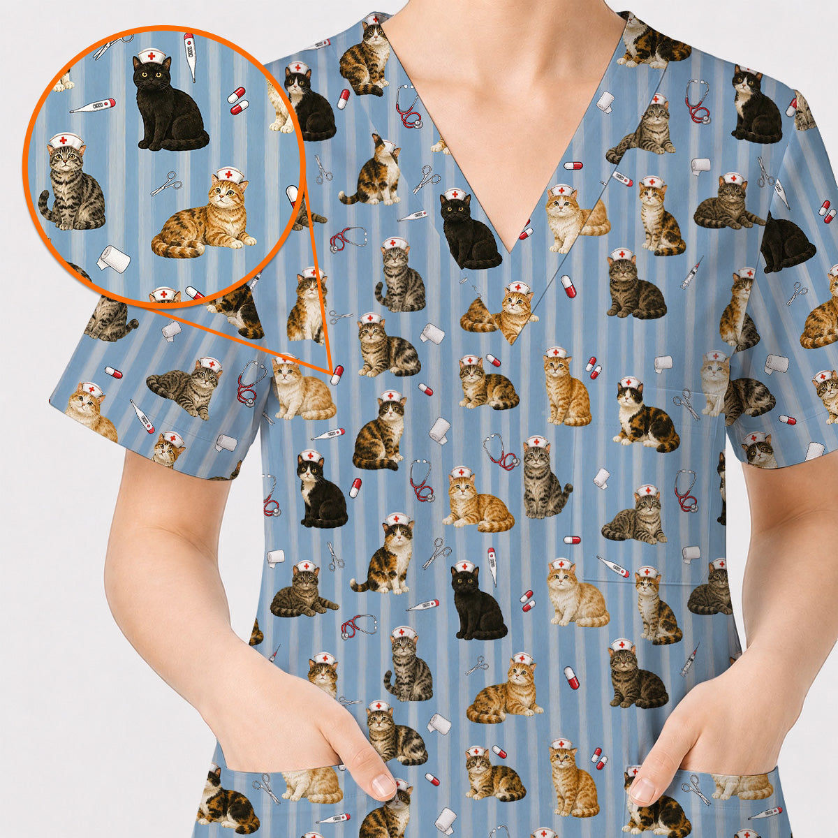 Nurse Cat Scrub Top, Cat Lover Medical Nurse Uniform for Veterinary & Healthcare Workers, Comfortable Feline Nursing Scrubs