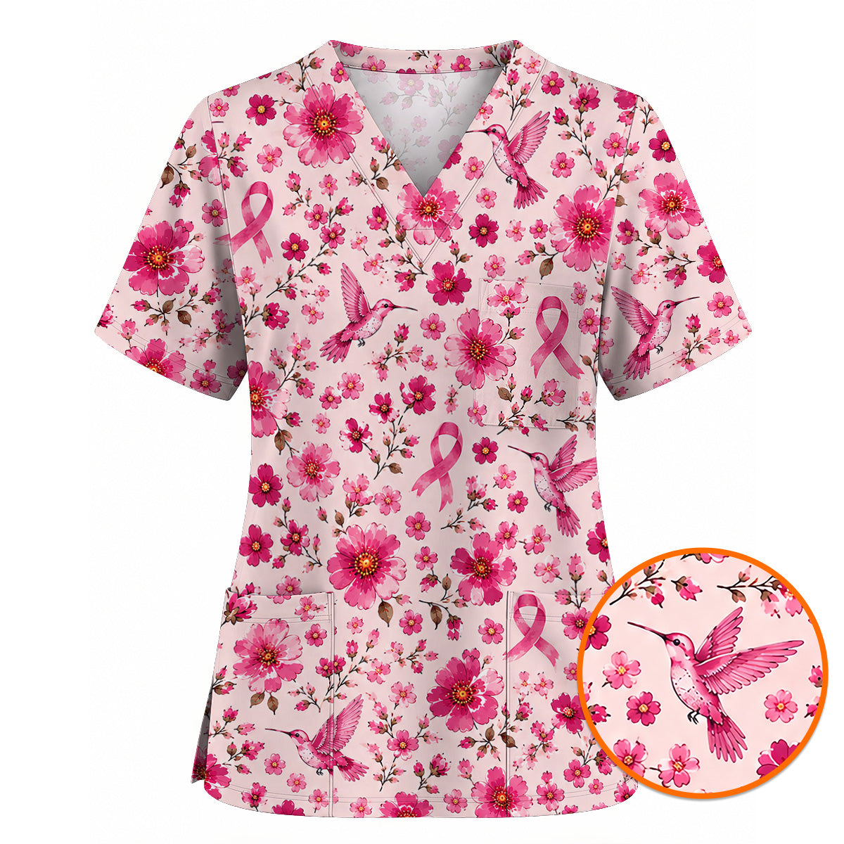 Pink Ribbon Hummingbird Scrub Top, Breast Cancer Awareness Floral Nurse Shirt, Pink Healthcare Uniform