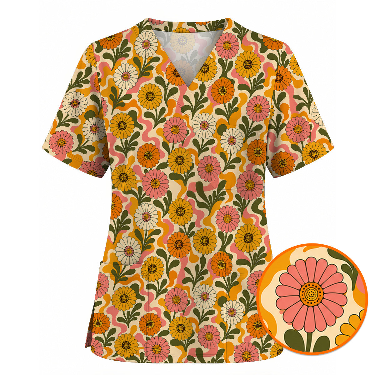 Retro Gerbera Floral Scrub Top, Groovy Gerbera Flower Print Scrubs, Vintage Nurse Medical Uniform