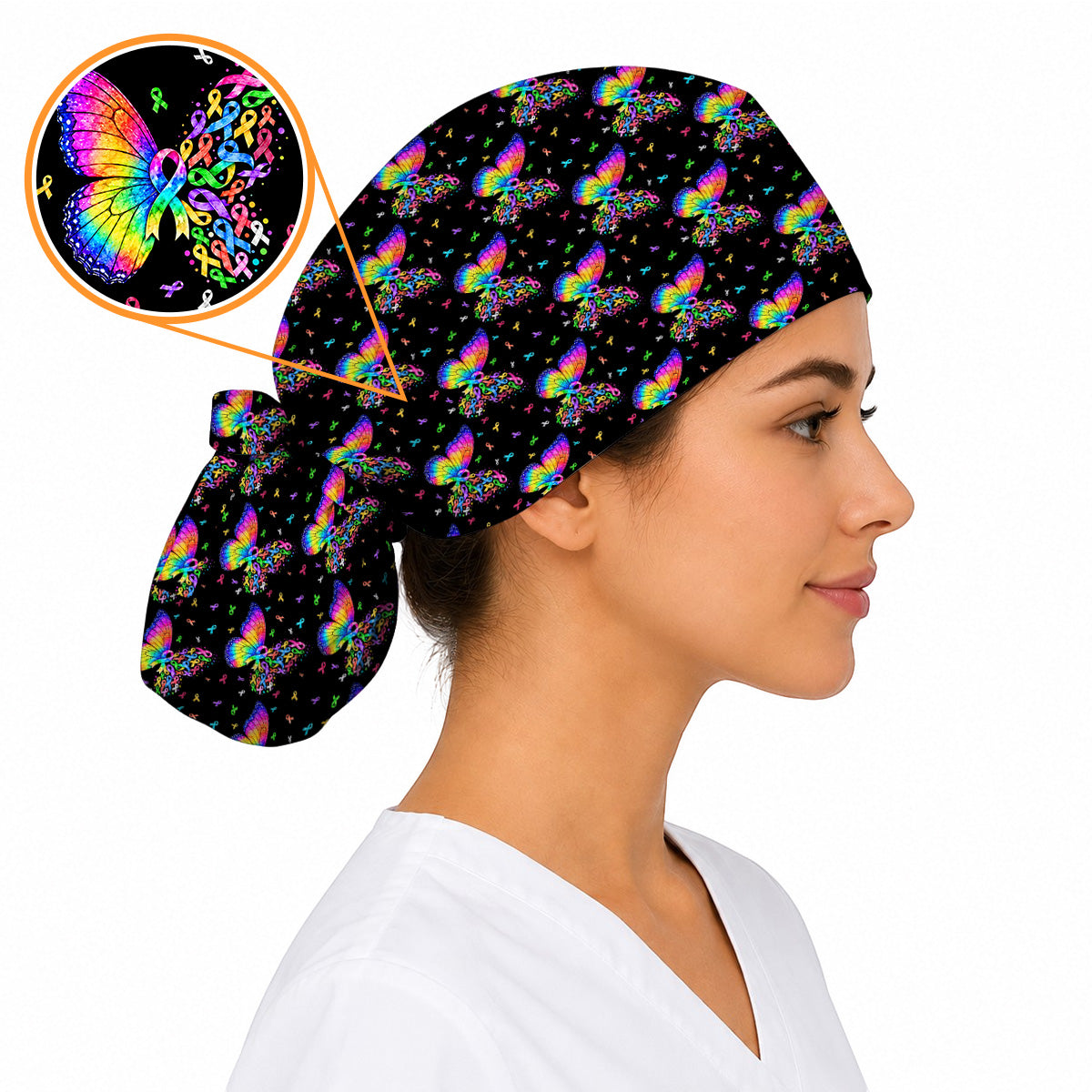 Cancer Awareness Butterfly Pattern Scrub Caps, Colorful Ribbon Nurse Scrubs, Healthcare Worker Awareness Scrub Cap