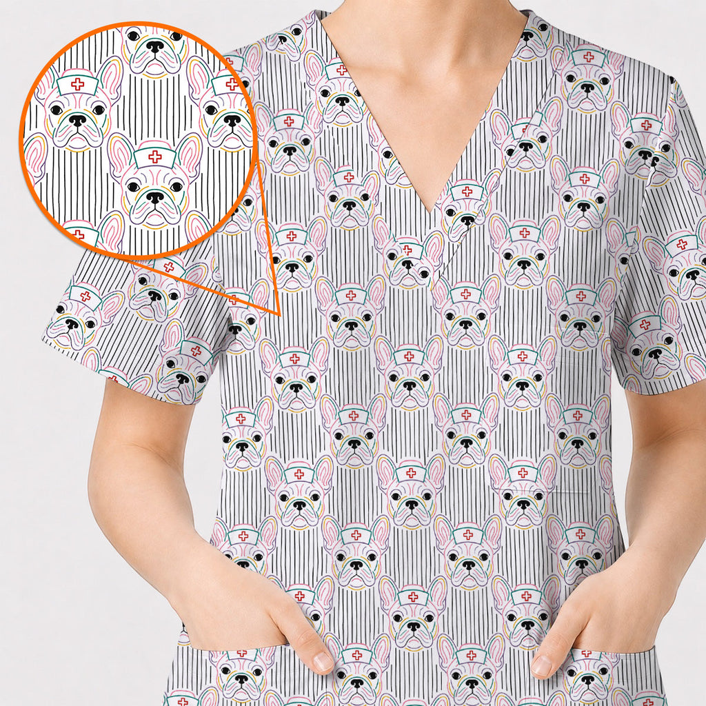 French Bulldog Nurse Scrub Top, Cute Frenchie Medical Pattern Scrubs, Dog Lover Gift for Nurses & Healthcare Workers