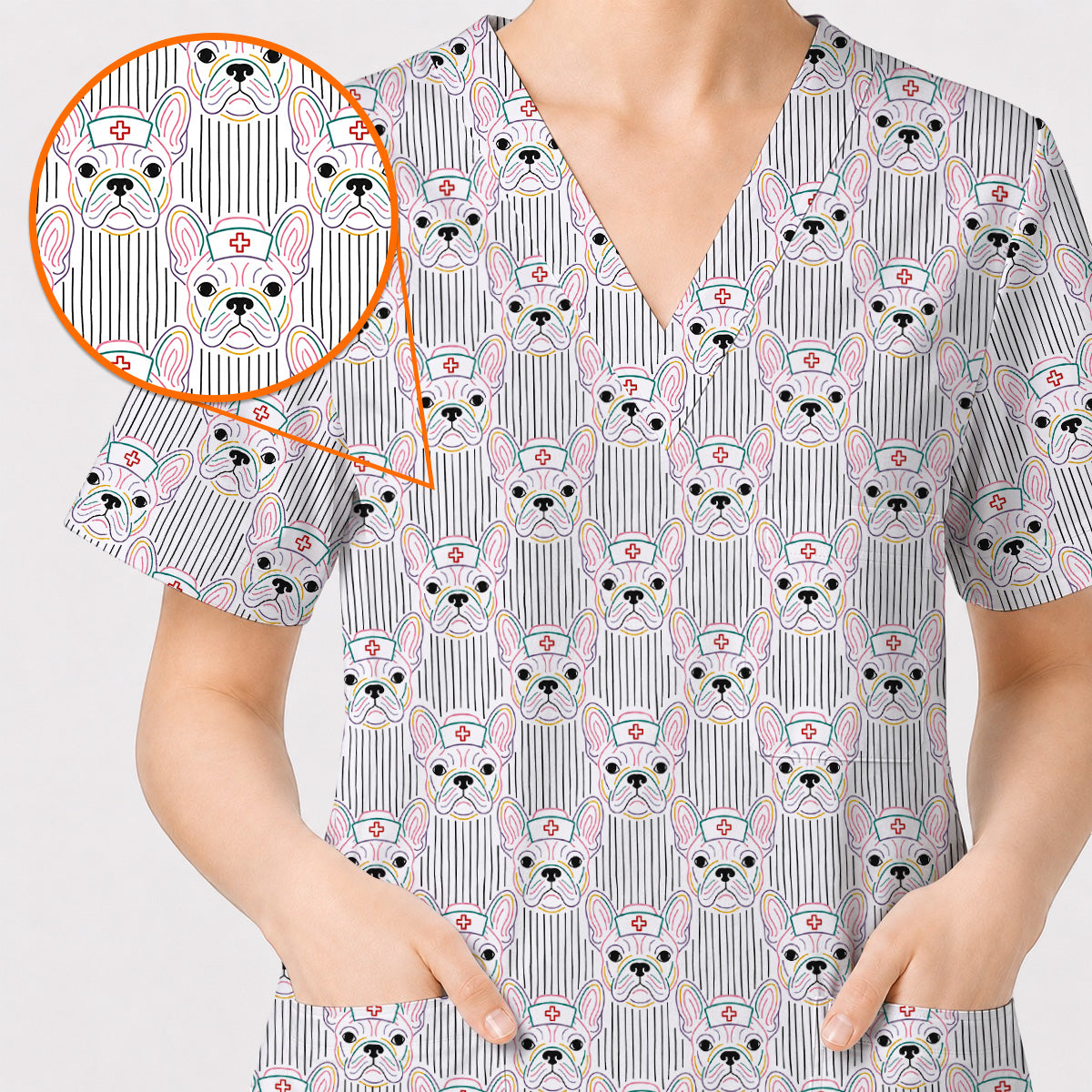 French Bulldog Nurse Scrub Top, Cute Frenchie Medical Pattern Scrubs, Dog Lover Gift for Nurses & Healthcare Workers