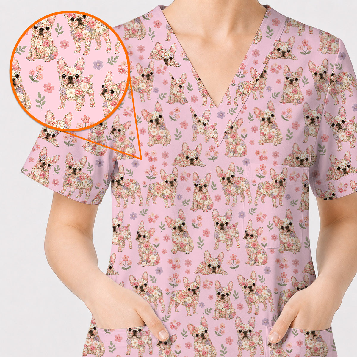 Floral French Bulldog Nurse Scrub Top, Cute Frenchie Flower Pattern Scrubs for Nurses, Dog Lover Healthcare Gift