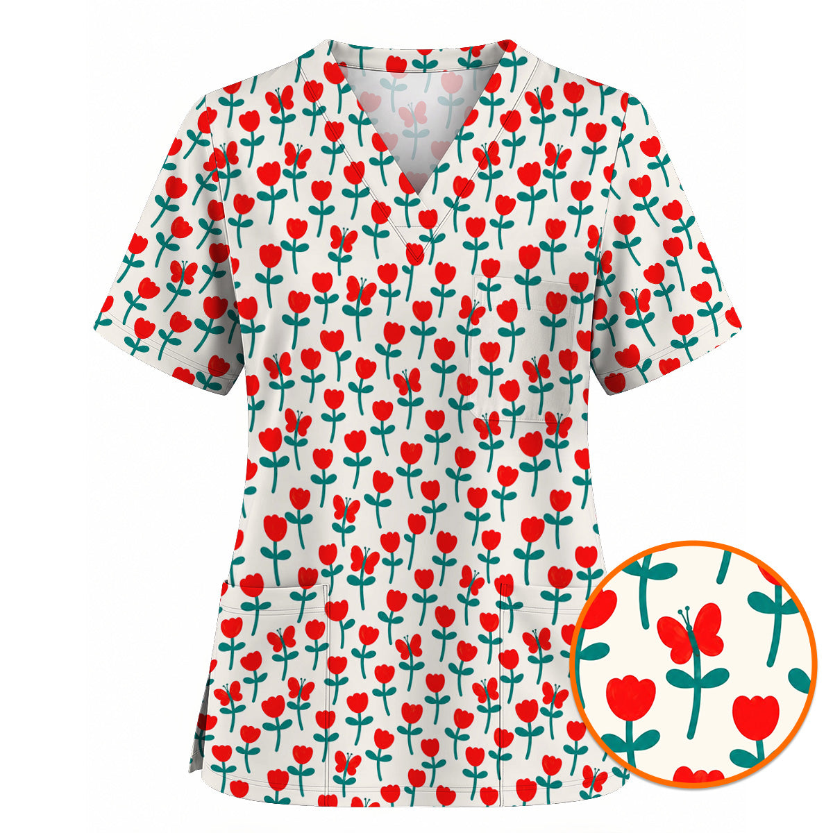 Playful Tulip Scrub Top, Colorful Tulip Butterfly Nurse Scrubs Uniform, Spring Floral Gift For Nurses