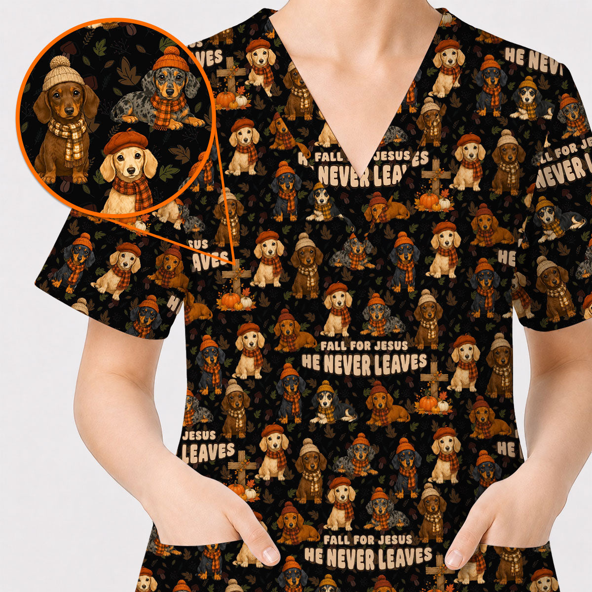 Autumn Dachshund Scrub Top, Wiener Dog Fall Nursing Uniform for Dog Lovers, Comfortable Scrubs for Nurses