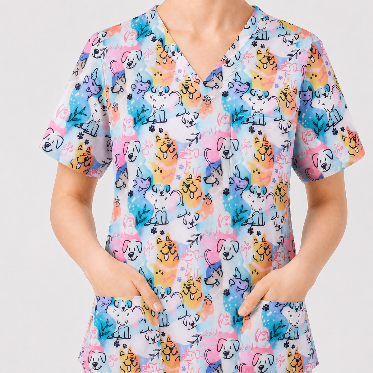 Cute Dog Pattern Scrub Top for Women, Colorful Cartoon Dogs Nursing Uniform, Funny Puppy Print Medical Scrub Shirt, Breathable Veterinary & Nurse Scrubs Gift