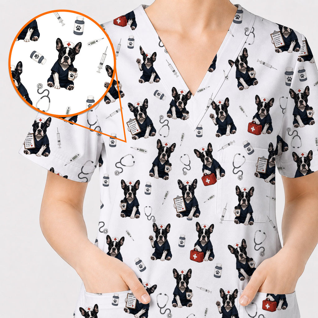 Frenchton Veterinary Scrub Top, Frenchton Vet Nurse Uniform for Animal Lovers, Comfortable Veterinary Scrubs for Veterinary Professionals