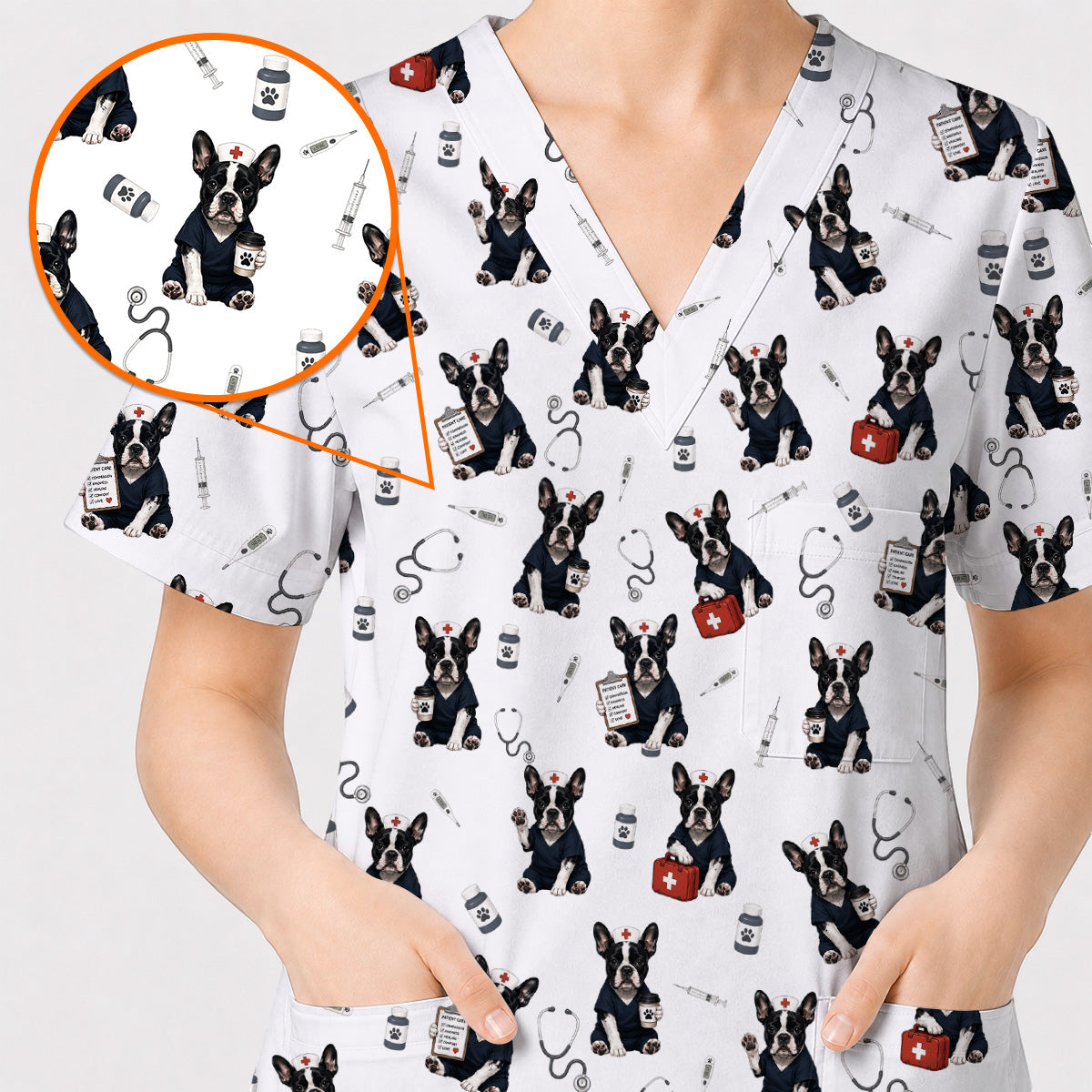 Frenchton Veterinary Scrub Top, Frenchton Vet Nurse Uniform for Animal Lovers, Comfortable Veterinary Scrubs for Veterinary Professionals