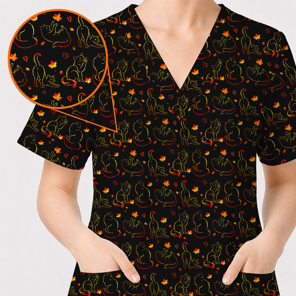 Autumn Black Cat Scrub Top, Fall Cat Nursing Uniform for Cat Lovers, Comfortable Feline Medical Scrubs For Nurse