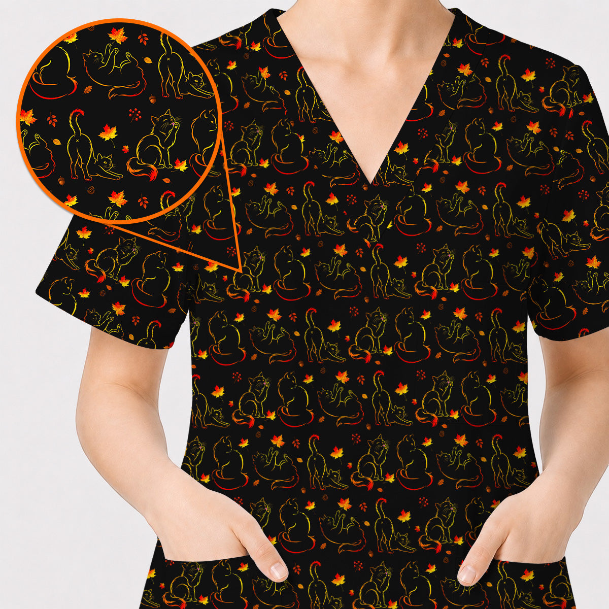 Autumn Black Cat Scrub Top, Fall Cat Nursing Uniform for Cat Lovers, Comfortable Feline Medical Scrubs For Nurse