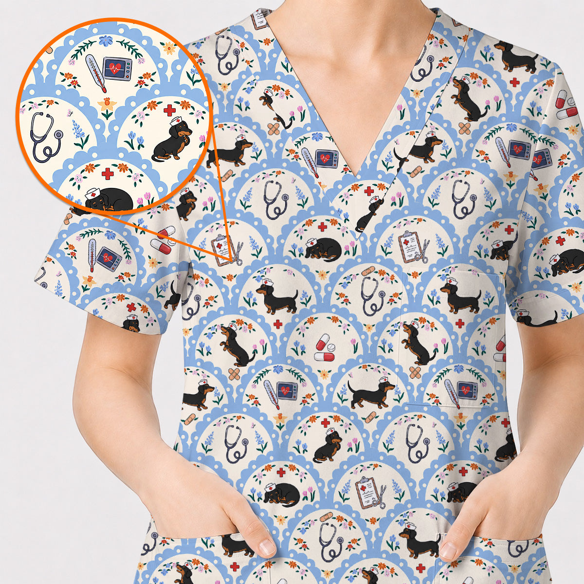 Dachshund Nurse Scrub Top, Wiener Dog Medical Pattern Scrubs for Nurses, Cute Healthcare Uniform for Dog Lovers