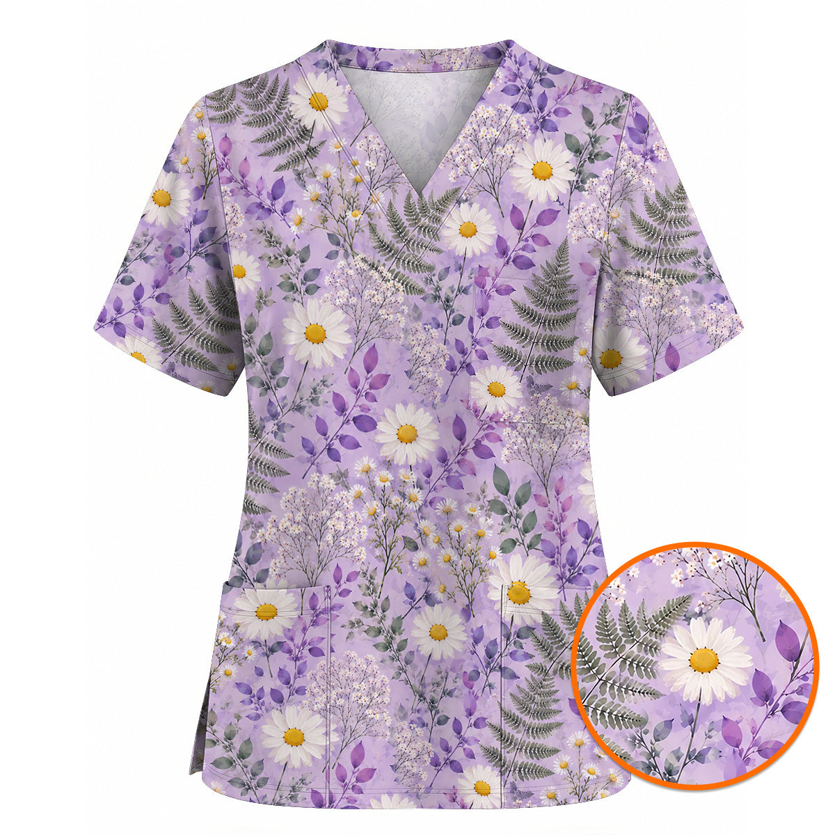 Purple Daisy Floral Scrub Top, Lavender Botanical Nurse Shirt, Wildflower Healthcare Uniform