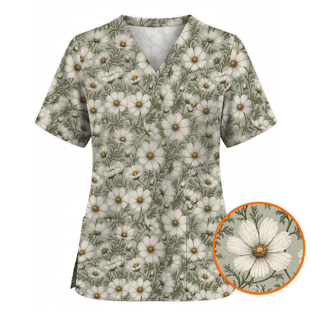 Cosmos Floral Scrub Top, Vintage Cosmos Flower Print Scrubs, Botanical Nurse Uniform