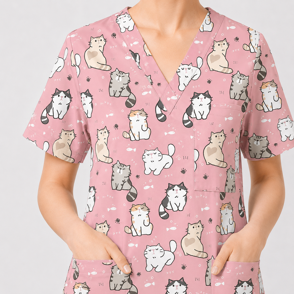 Funny Cat Scrub Set, Cute Cat Pattern Scrub For Nursing, Breathable Med Uniform