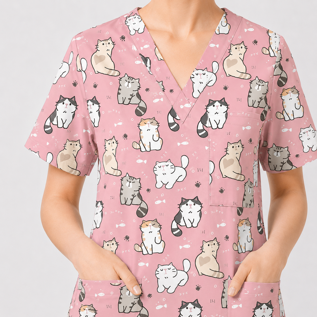Funny Cat Scrub Set, Cute Cat Pattern Scrub For Nursing, Breathable Med Uniform