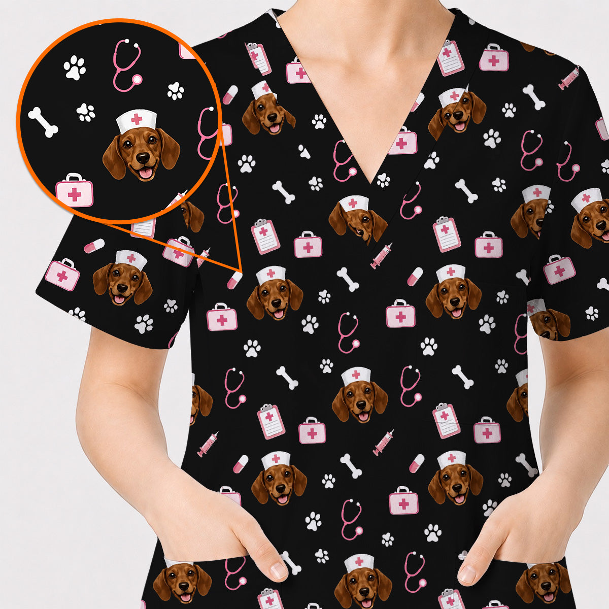 Dachshund Nurse Scrub Top, Cute Wiener Dog Medical Uniform for Veterinary Professionals, Black Dog Lover Scrubs for Nurses