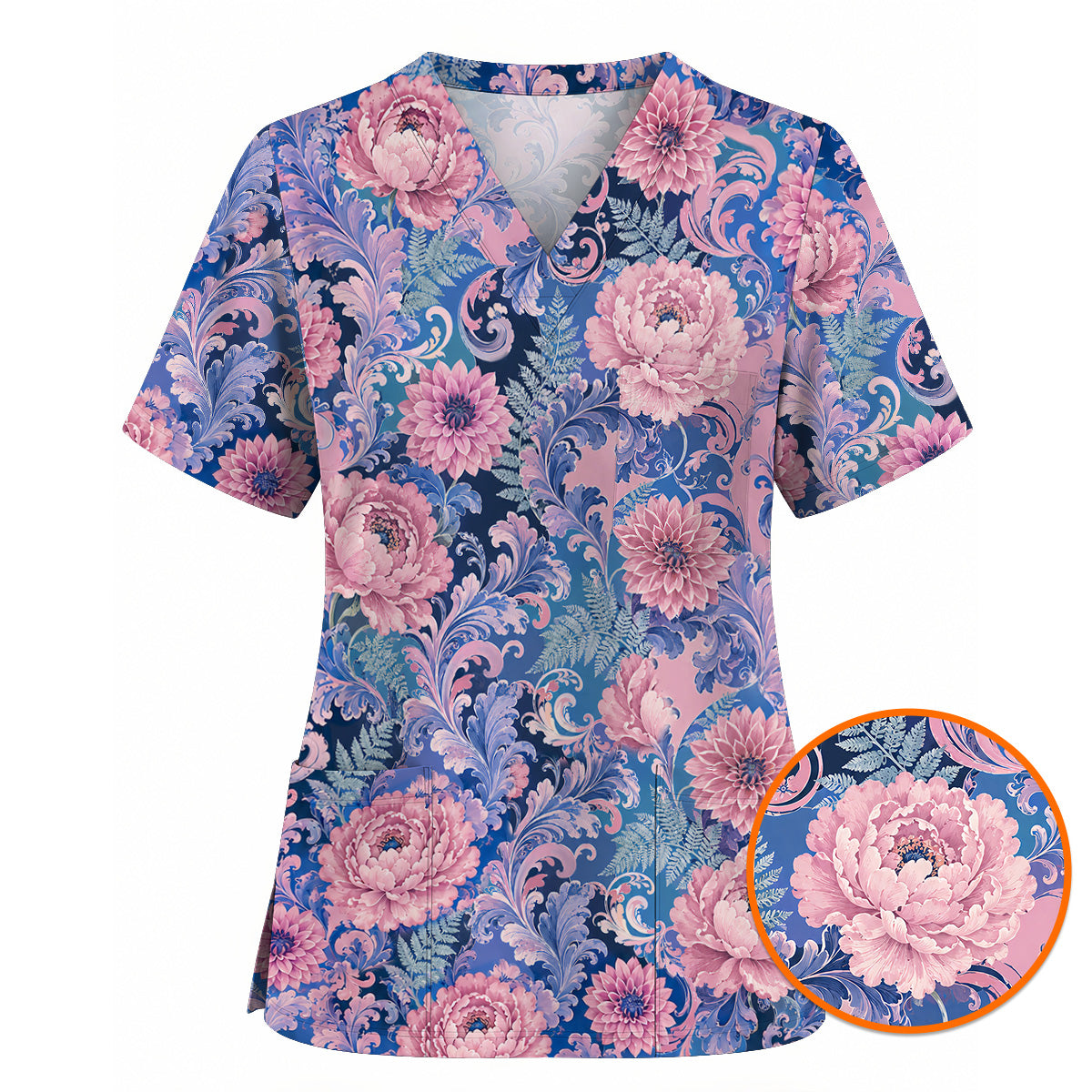 Pink Peony Floral Scrub Top, Elegant Blue Botanical Nurse Shirt, Vintage Floral Healthcare Uniform