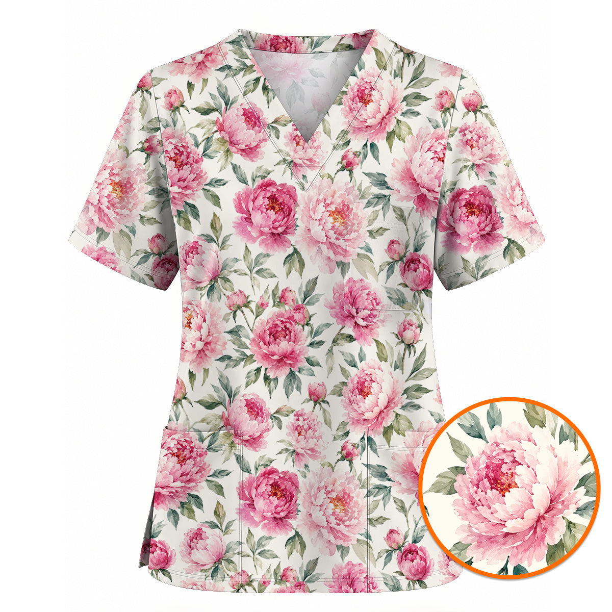 Pink Peony Garden Scrub Top, Watercolor Peony Floral Print Scrubs, Romantic Botanical Nurse Uniform