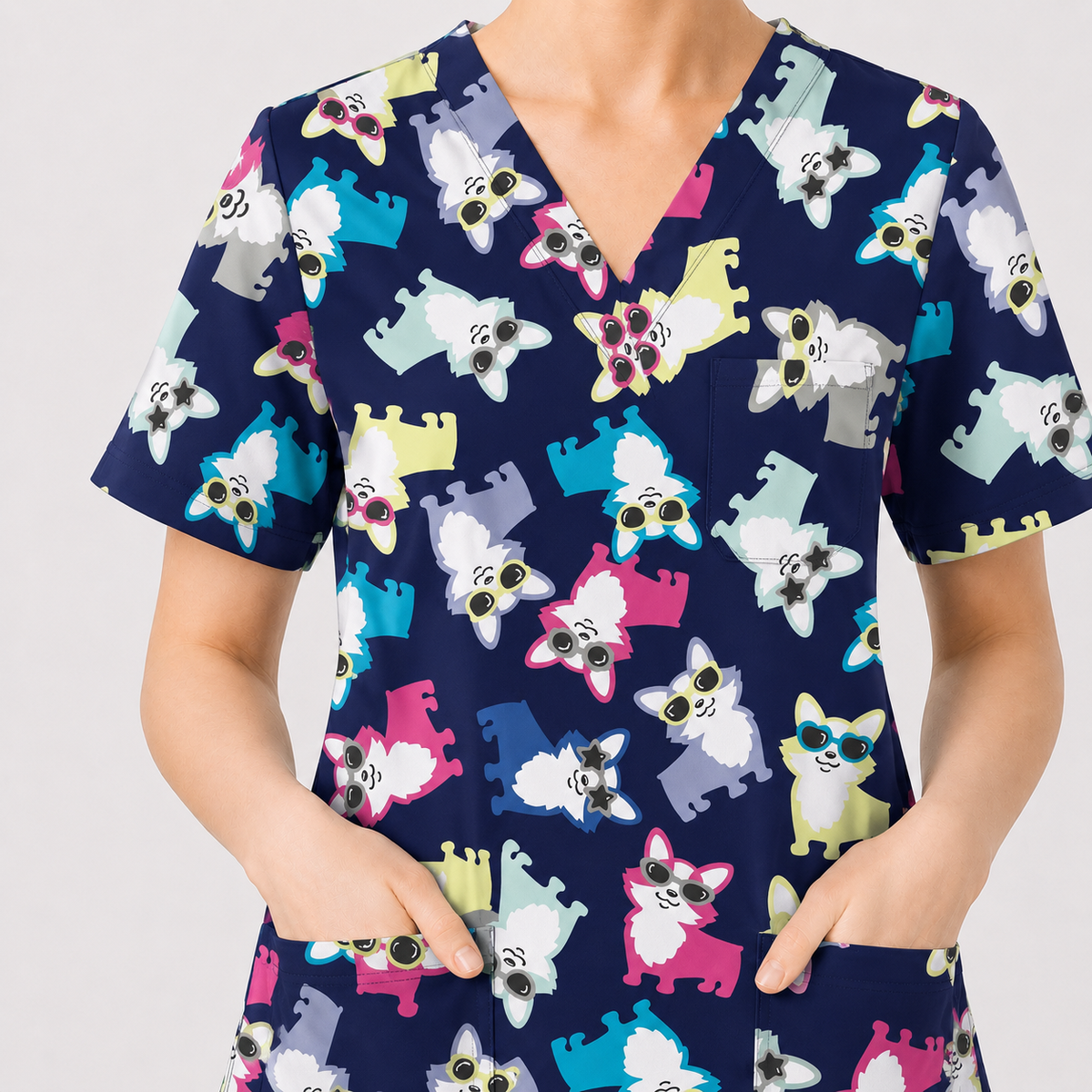 Funny Dog Print Scrub Top, Cute Puppy Pattern Nursing Uniform, Breathable Medical Scrubs for Women (Copy)