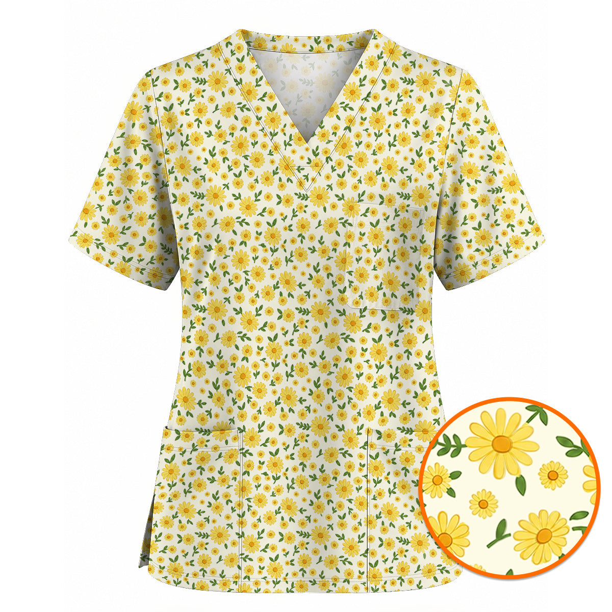 Yellow Daisy Garden Scrub Top, Cheerful Daisy Floral Print Scrubs, Spring Nurse Medical Uniform