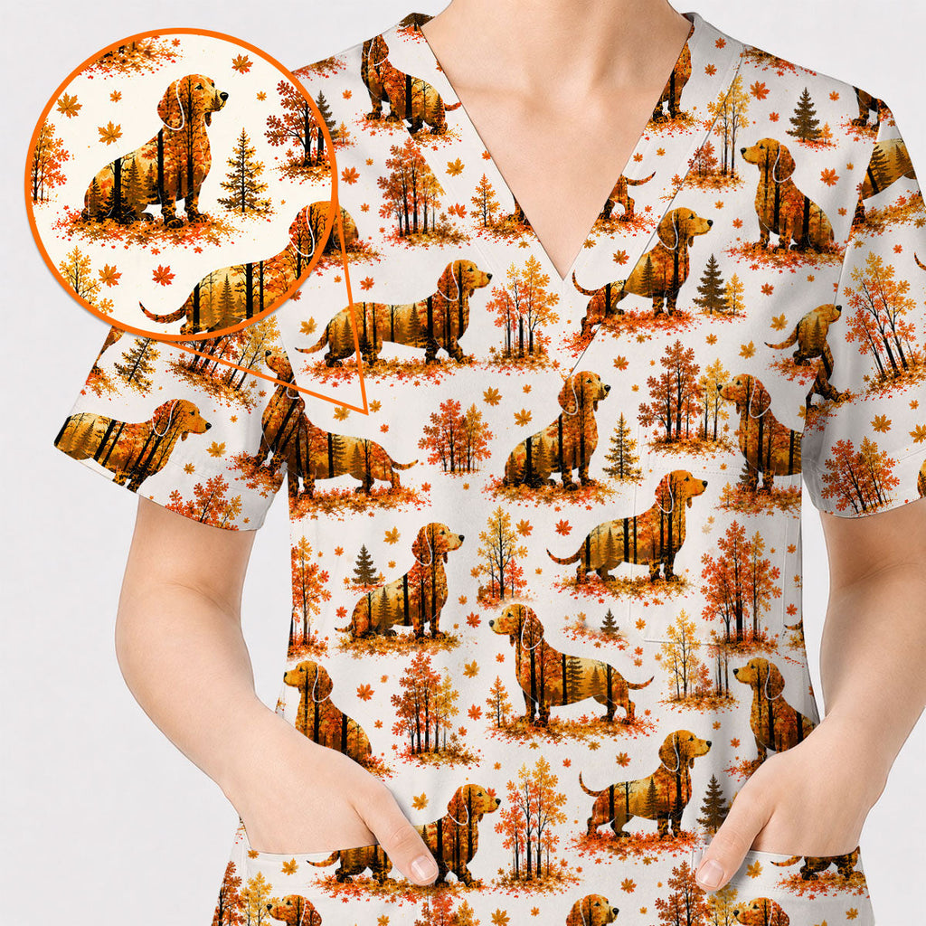 Autumn Dachshund Scrub Top, Fall Wiener Dog Nursing Uniform for Healthcare Workers, Cute Dachshund Nurse Scrubs for Dog Lovers