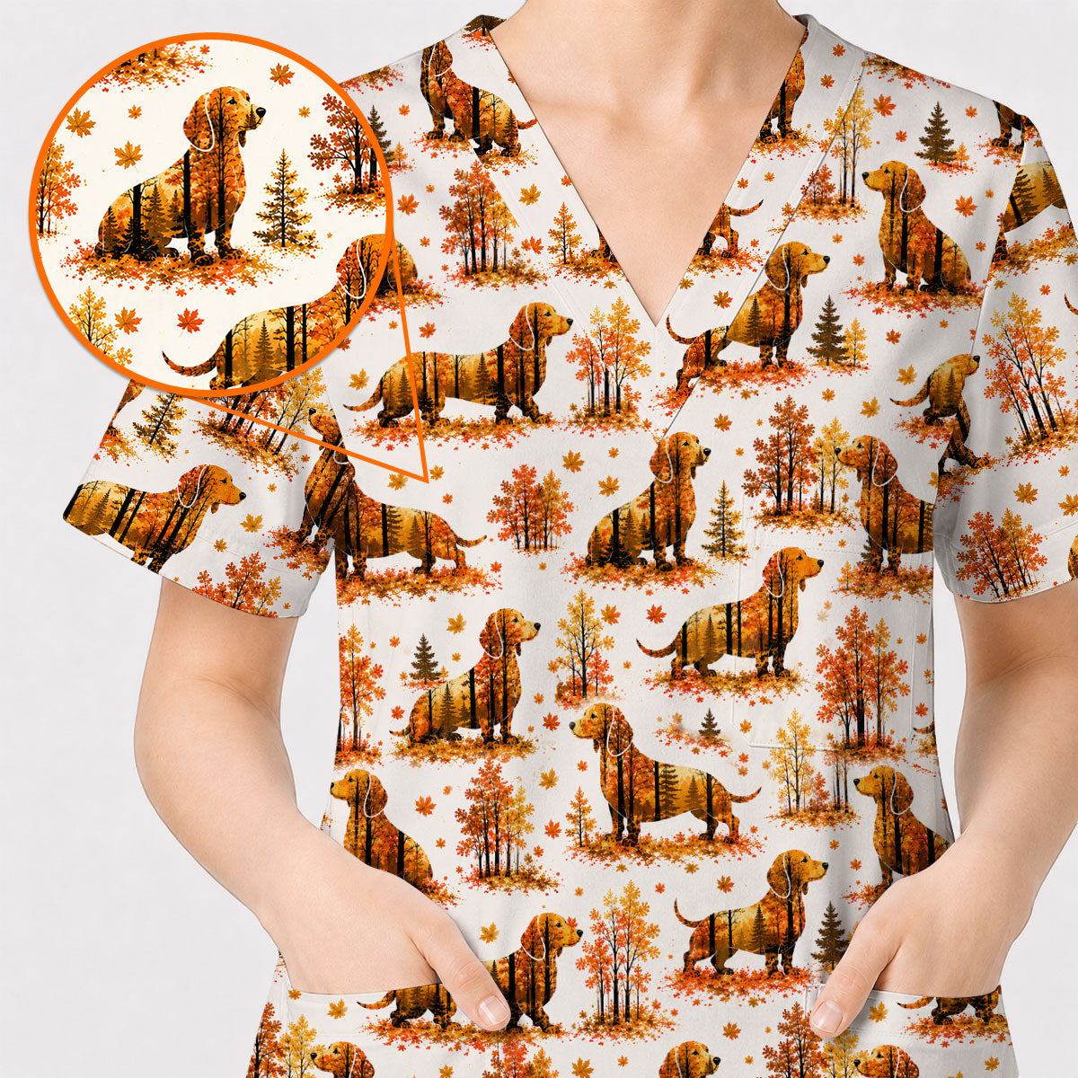 Autumn Dachshund Scrub Top, Fall Wiener Dog Nursing Uniform for Healthcare Workers, Cute Dachshund Nurse Scrubs for Dog Lovers