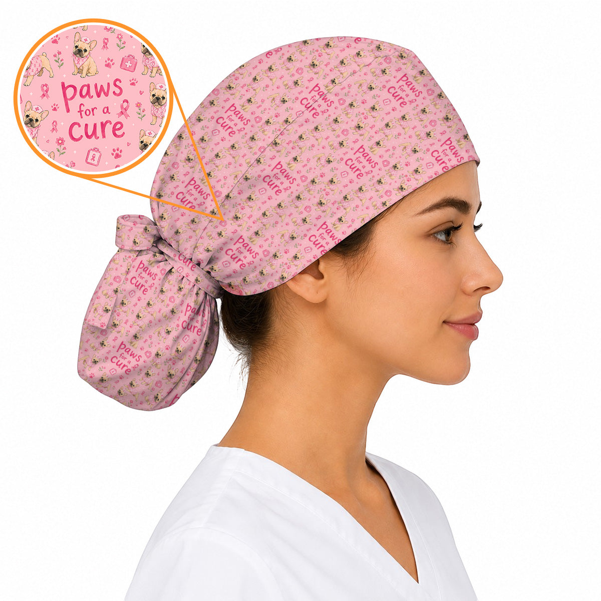 Breast Cancer French Bulldog Scrub Cap, Paws for a Cure Nursing Uniform, Pink Nurse Scrubs for Dog Lovers