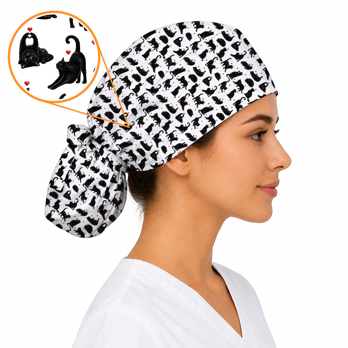 Black Cat Love Scrub Caps, Cute Cat Heart Print Scrubs, Cat Lover Nurse Cap