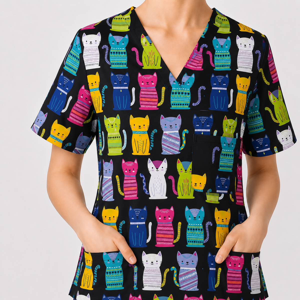 Funny Cat Scrub Top for Women, Cute Rainbow Cats Nursing Uniform, Gift for RN LPN CNA Veterinary Healthcare Professionals