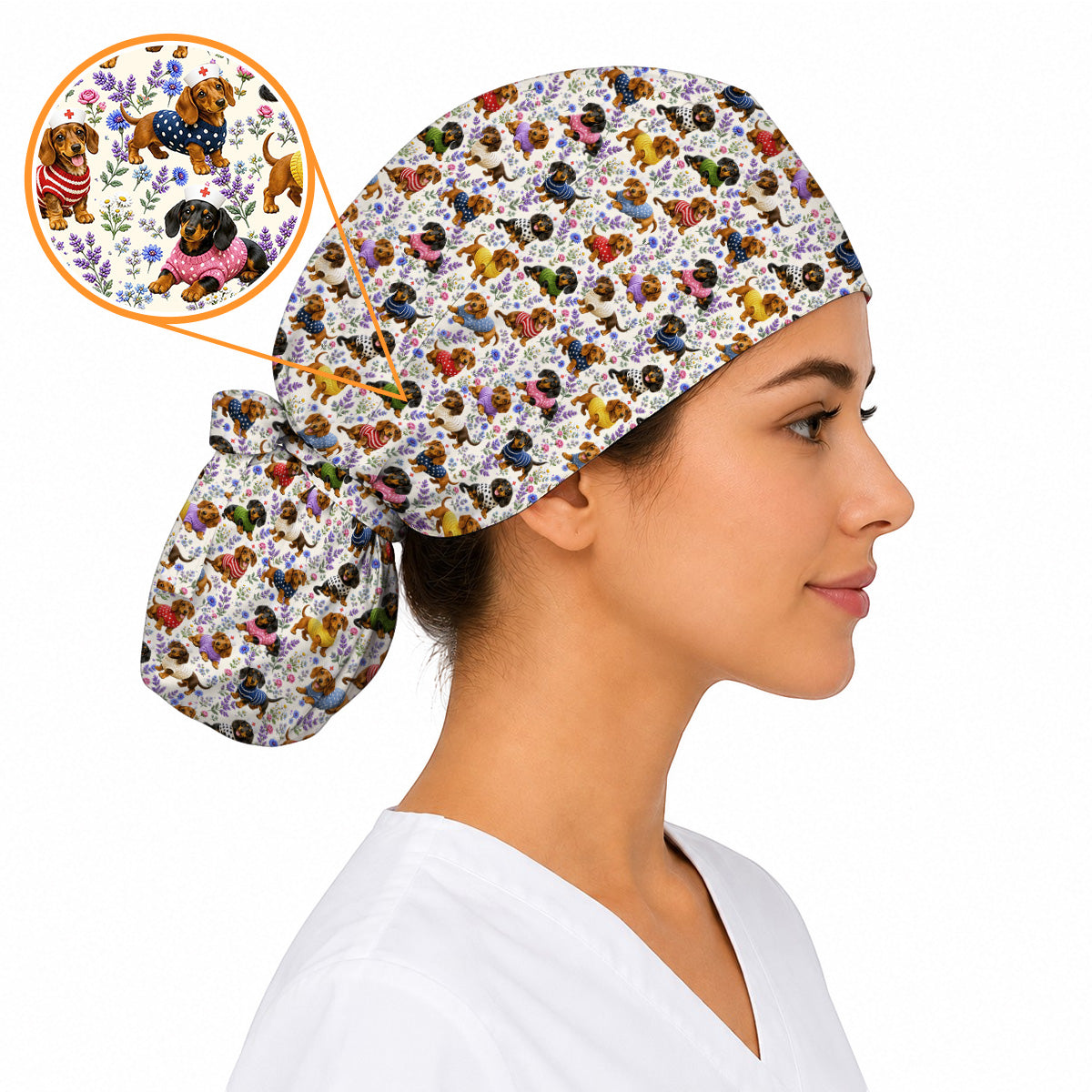 Dachshund Floral Nurse Scrub Cap, Cute Wiener Dog Pattern Scrubs for Nurses, Dog Lover Healthcare Gift