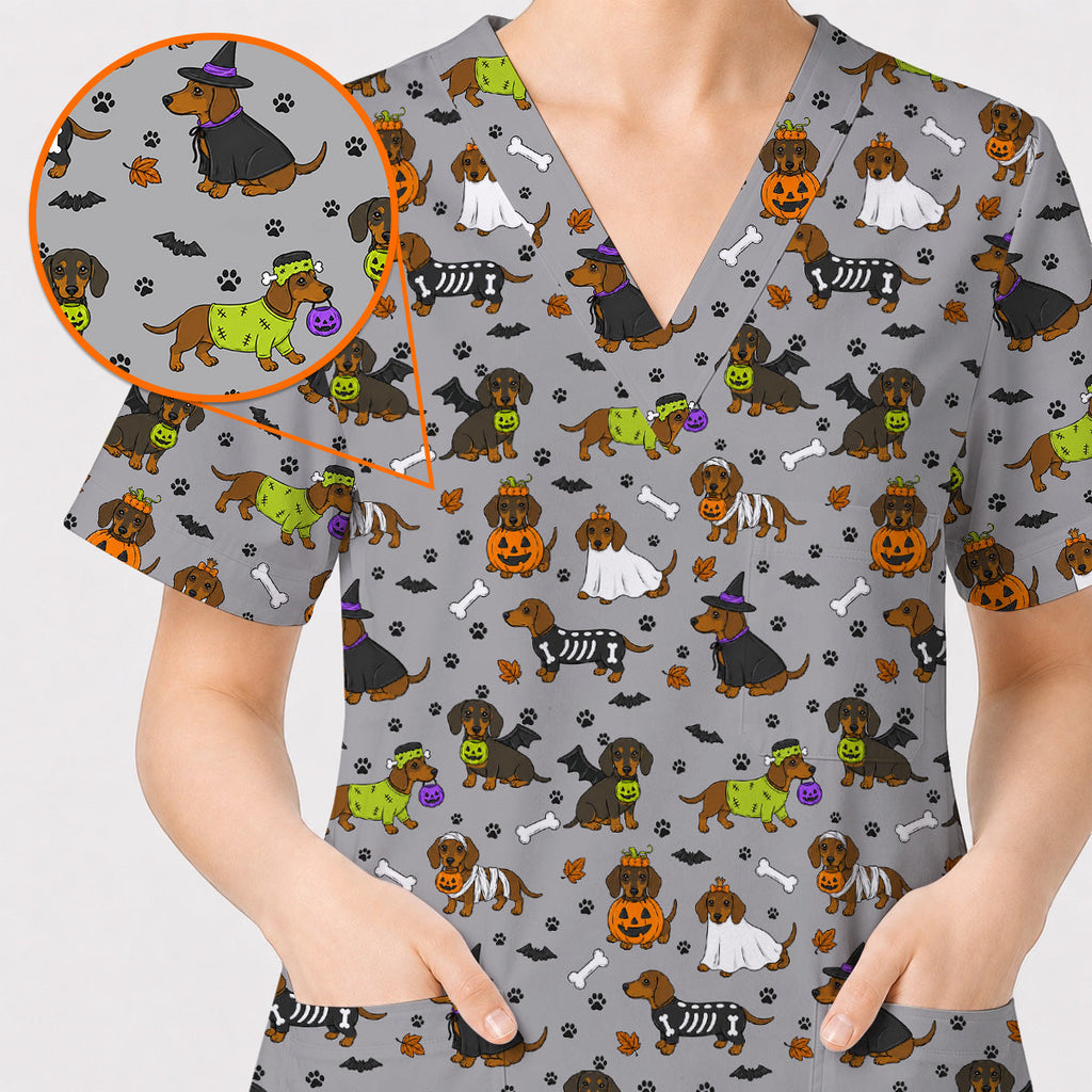 Halloween Dachshund Scrub Top, Cute Dachshund Nurse Scrubs for Dog Lovers, Funny Wiener Dog Medical Uniform