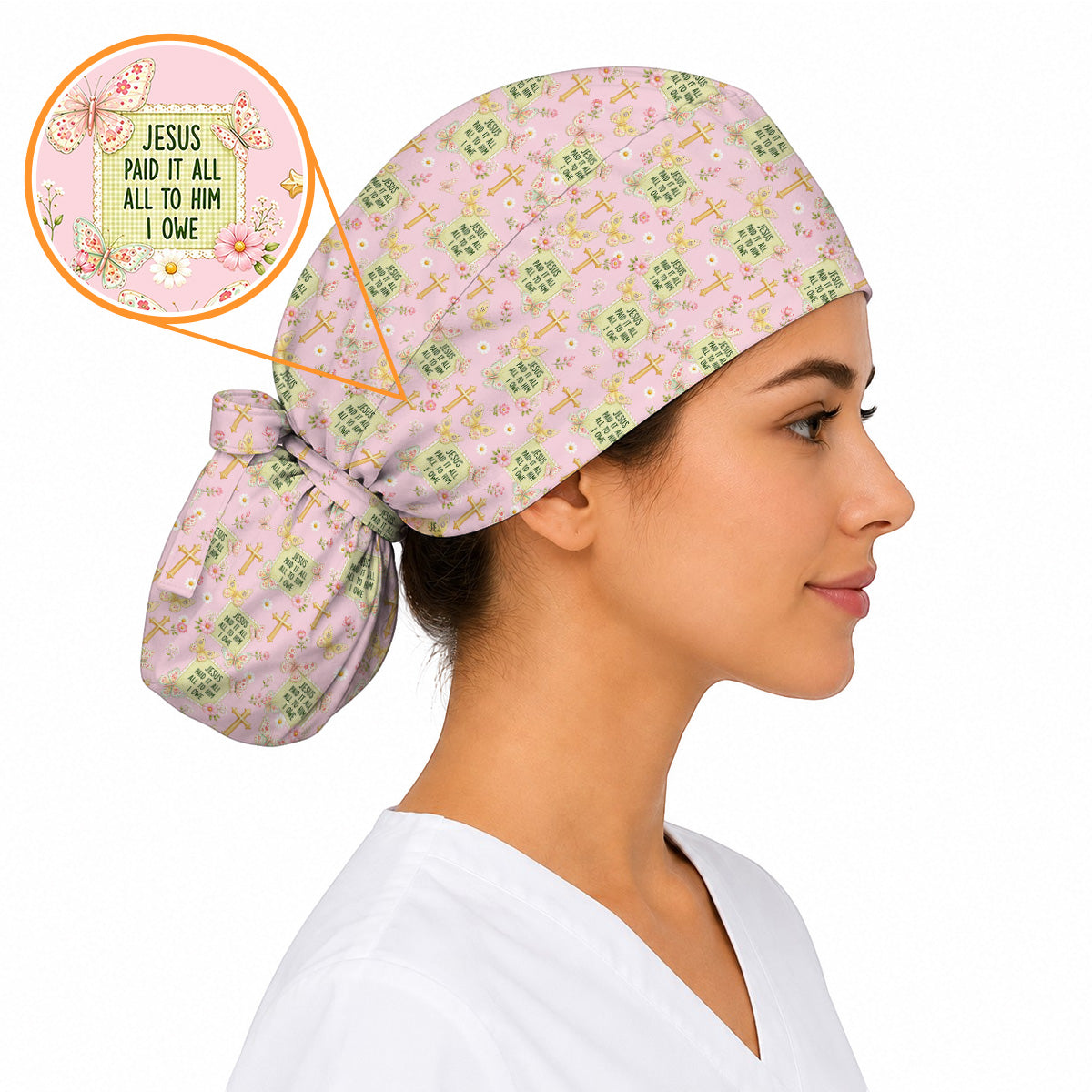 Jesus Paid It All Scrub Caps, Christian Butterfly Floral Nurse Scrubs Cap, Faith Inspired Gift For Nurses