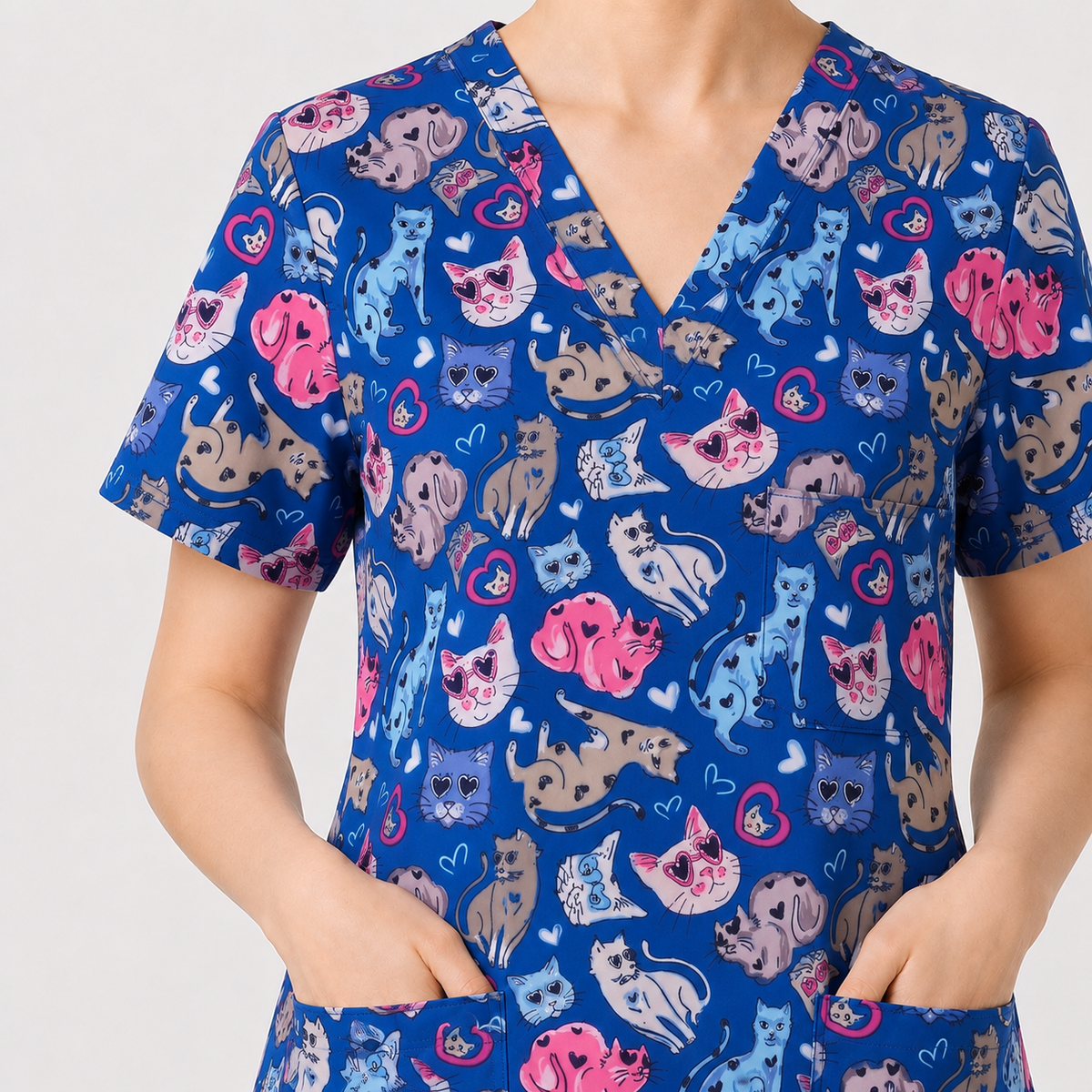 Essence I Love Kitties Scrub Top, Funny Cats Scrub Top for Women, Breathable Fabrics Nursing Uniform