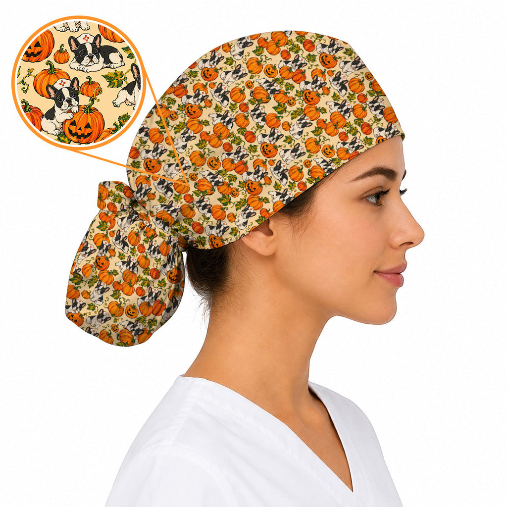 French Bulldog Halloween Nurse Scrub Cap, Pumpkin Frenchie Pattern Scrubs, Cute Fall Dog Scrub Shirt for Nurses