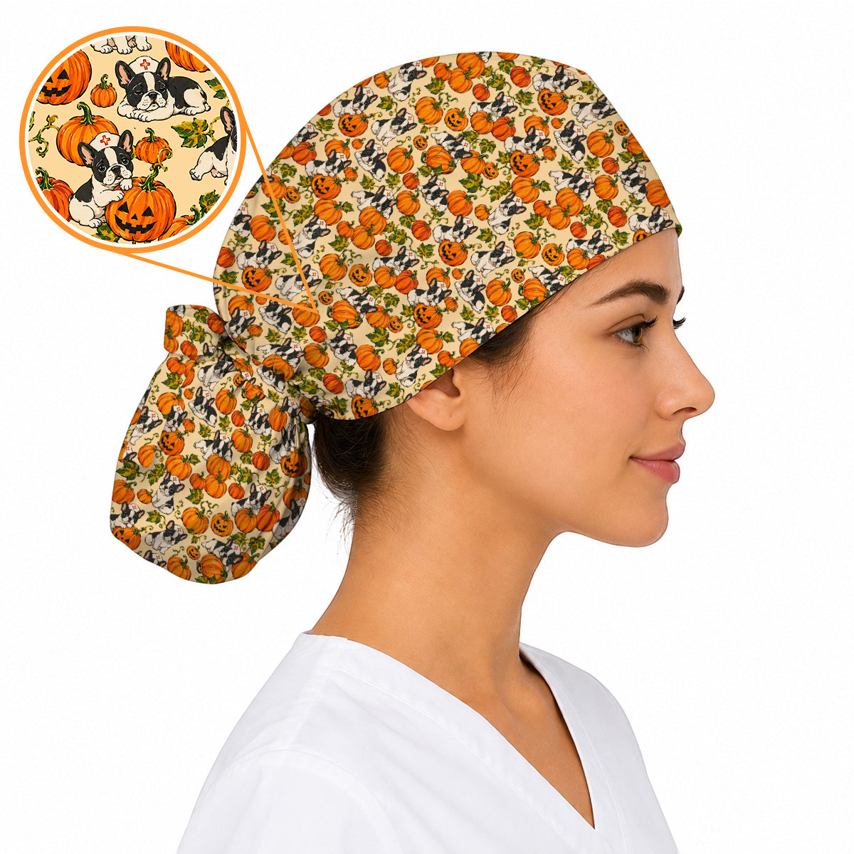 French Bulldog Halloween Nurse Scrub Cap, Pumpkin Frenchie Pattern Scrubs, Cute Fall Dog Scrub Shirt for Nurses