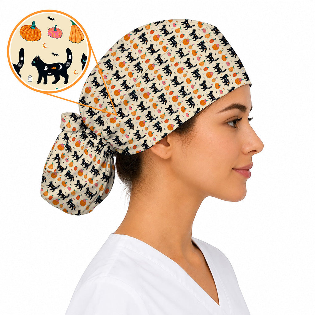 Halloween Black Cat Scrub Caps, Pumpkin Cat Print Scrubs, Spooky Nurse Cap