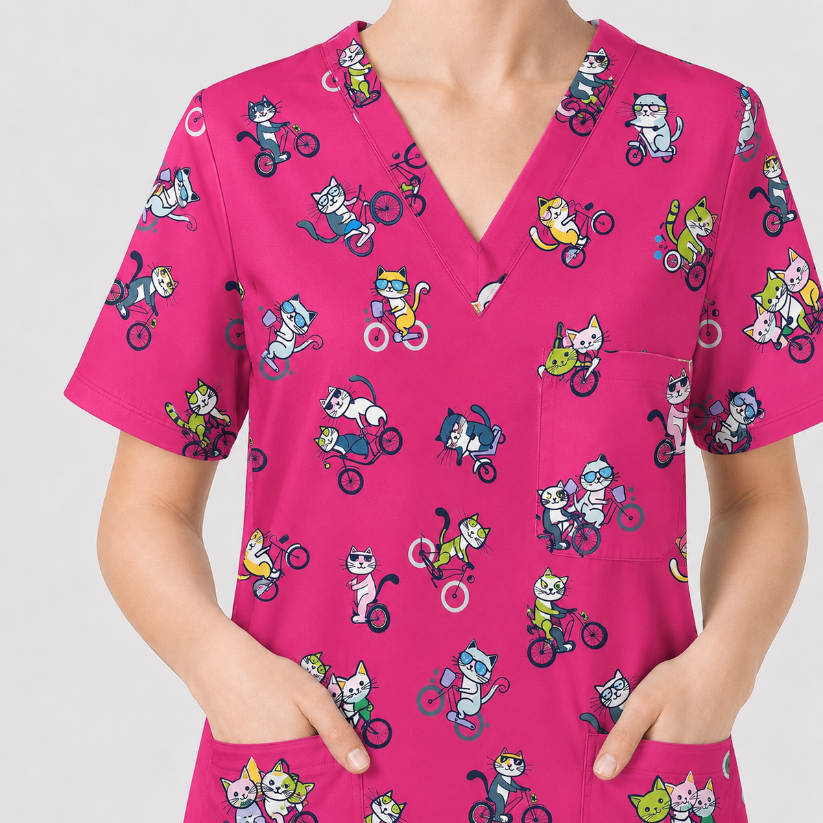 Cat On Wheels Pattern Scrub Top, Funny Cats Scrub Top for Women, Breathable Fabrics Nursing Uniform