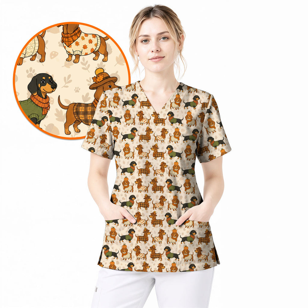 Autumn Dachshund Scrub Top, Cute Fall Wiener Dog Nursing Scrubs for Dog Lovers, Breathable Fabrics Nursing Uniform
