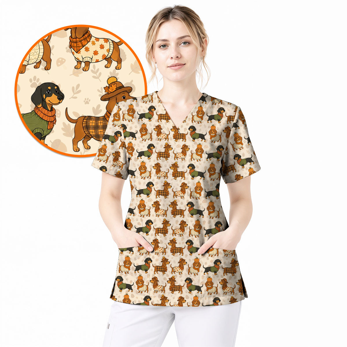 Autumn Dachshund Scrub Top, Cute Fall Wiener Dog Nursing Scrubs for Dog Lovers, Breathable Fabrics Nursing Uniform