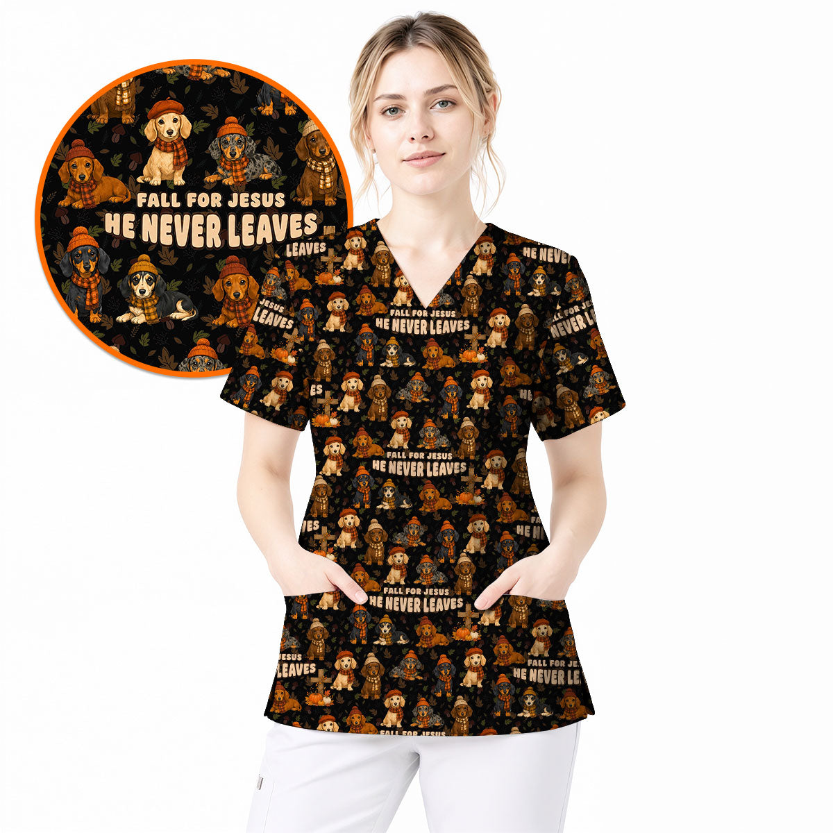 Autumn Dachshund Scrub Top, Wiener Dog Fall Nursing Uniform for Dog Lovers, Comfortable Scrubs for Nurses
